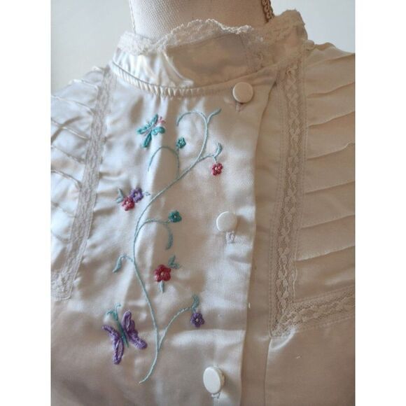 Vintage 80s Jodie Arden Long Sleeve Lace Pleated Nightgown L White Satin - Picture 3 of 6